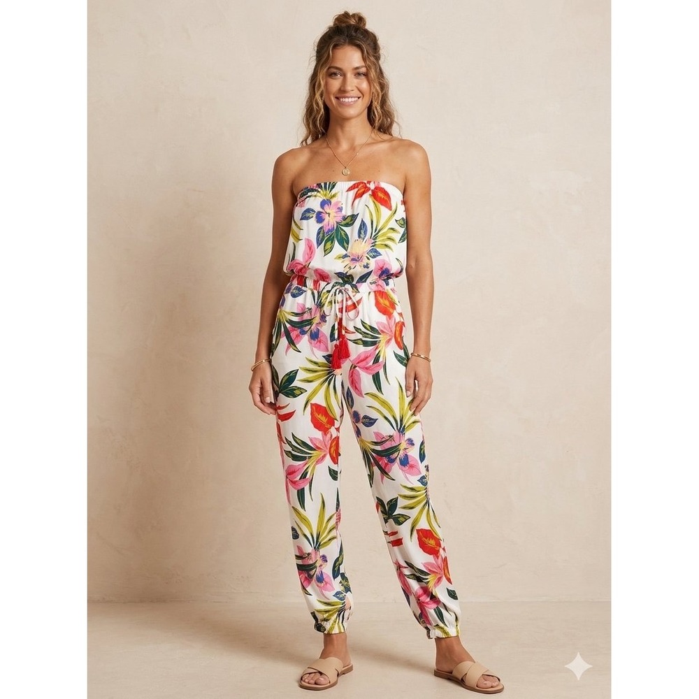 Blue Island Women Tropical Floral Strapless Jumpsuit White Tassel Rayon Large
